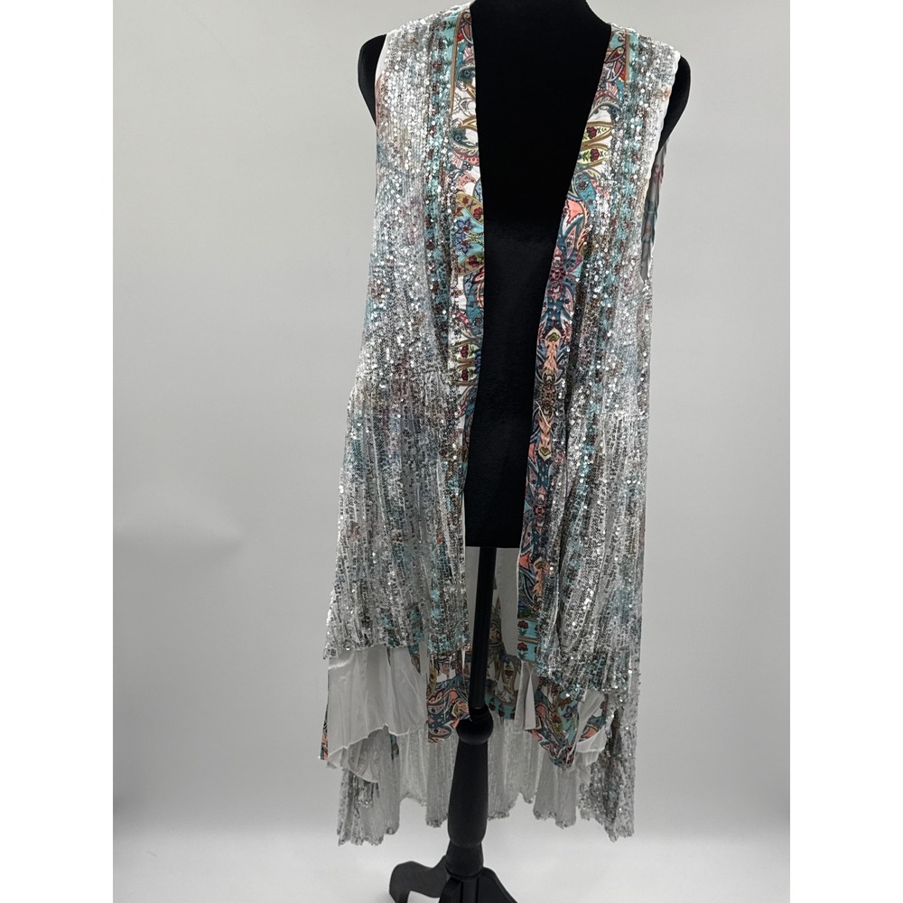 Origami Longline Sequin Paisley Vest Silver Multi Color Open Front Duster NWT M